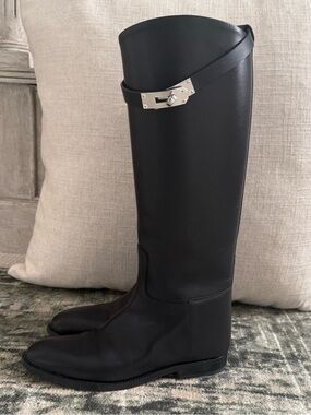 Hermes Black Tall Leather Over-the-Knee Riding Boots with Silver Hardware